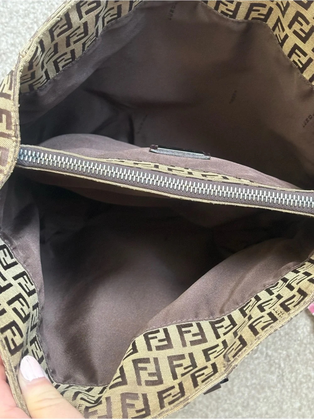 Auth Fendi Zucca Tote Bag Brown FF Monogram Canvas Shoulder Bag Vintage - Picture 9 of 16